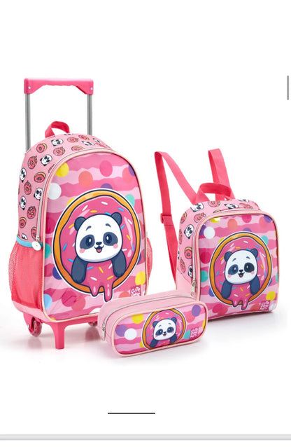 Kit Mochila escolar Rodinha Infantil Feminina panda lancheira estoje Sem Alça Costa