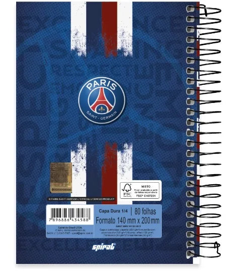 Caderno 1/4 (pequeno) capa dura espiral 80 folhas, PSG