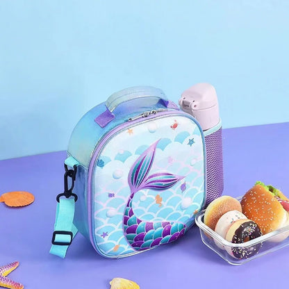 Bolsa bento sereia infantil, lancheira azul clara, caixa tote para estudantes, portátil, térmica, reutilizável, portátil, almoço refrigerador