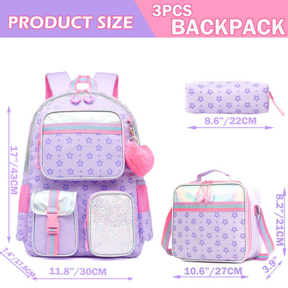 Mochila multifuncional Meetbelify para meninas, bolsa escolar com pentagrama impresso, bolsa escolar com lancheira e bolsa de lápis