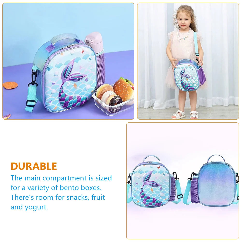 Bolsa bento sereia infantil, lancheira azul clara, caixa tote para estudantes, portátil, térmica, reutilizável, portátil, almoço refrigerador