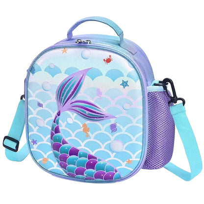 Bolsa bento sereia infantil, lancheira azul clara, caixa tote para estudantes, portátil, térmica, reutilizável, portátil, almoço refrigerador