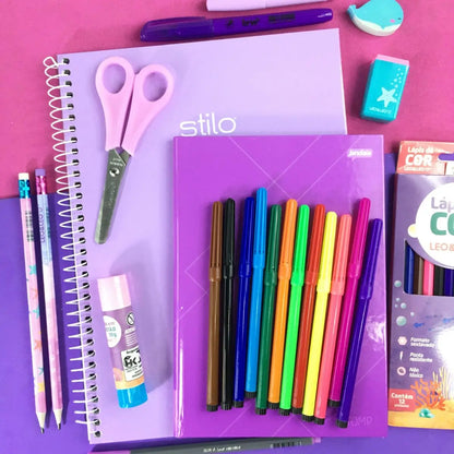 Kit Papelaria Tons de Roxo Lilas Escolar Pastel Neon Material Escolar Caderno Lapis Canetinha