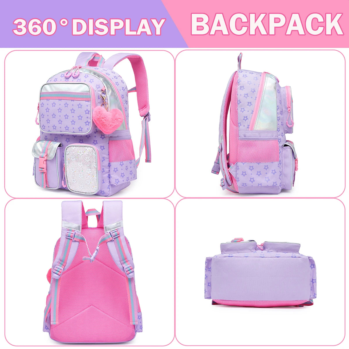 Mochila multifuncional Meetbelify para meninas, bolsa escolar com pentagrama impresso, bolsa escolar com lancheira e bolsa de lápis