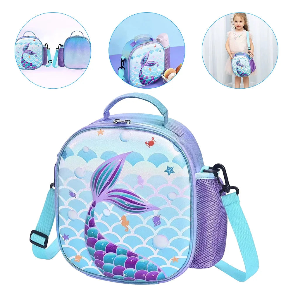 Bolsa bento sereia infantil, lancheira azul clara, caixa tote para estudantes, portátil, térmica, reutilizável, portátil, almoço refrigerador