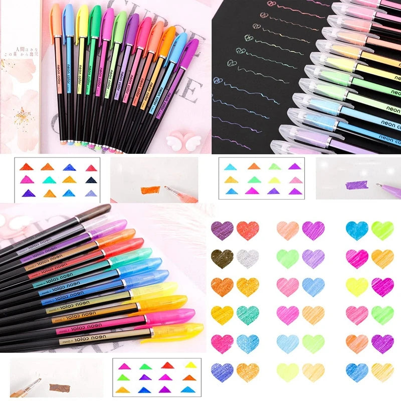 12/24Pcs Metallic Glitter Colors Gel Pens For School Office Adult Coloring Book Journals Drawing Art Markers Promotion Pen